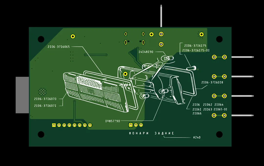 KiCad render of the Rev C board, bottom side: the silkscreen shows the tail light exploded view from the parts catalogue