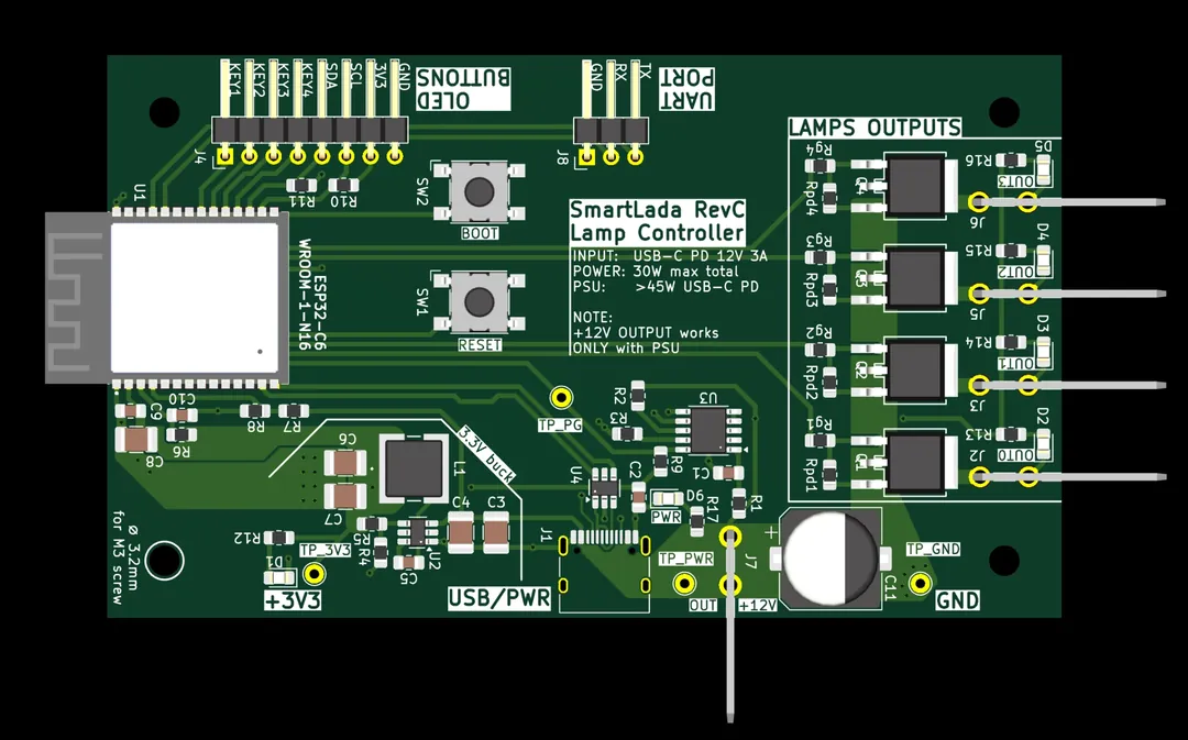 KiCad render of the Rev C board, top side: ESP32-C6 module, buck converter, PD trigger, four MOSFETs, Faston outputs