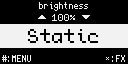 Main screen: brightness 100%, mode Static