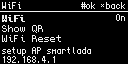 WiFi screen: on, show QR, reset, access point address